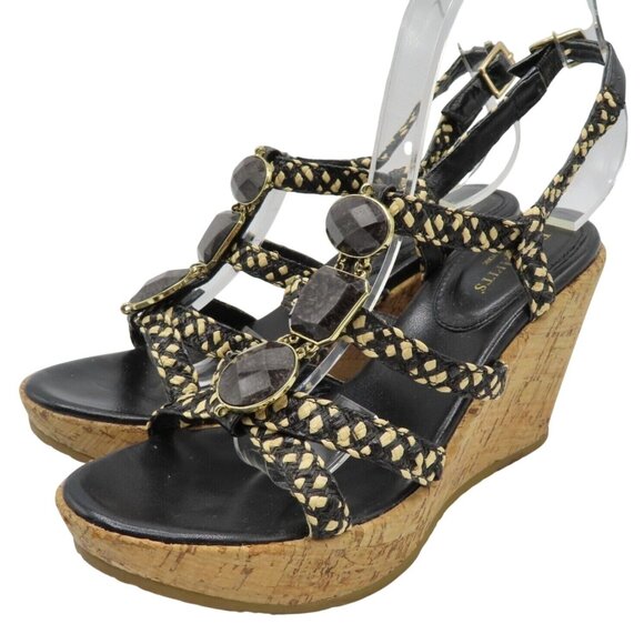 Eric Javits Womens 8 M Rhinestone Black Woven Raffia Cork Wedge Sandals Heels - Picture 1 of 12